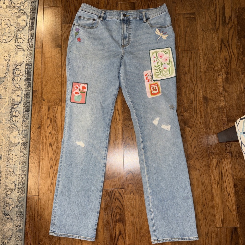 Johnny Was Straight Leg Jean Sz 31 Embroidered Patches Boho Designer